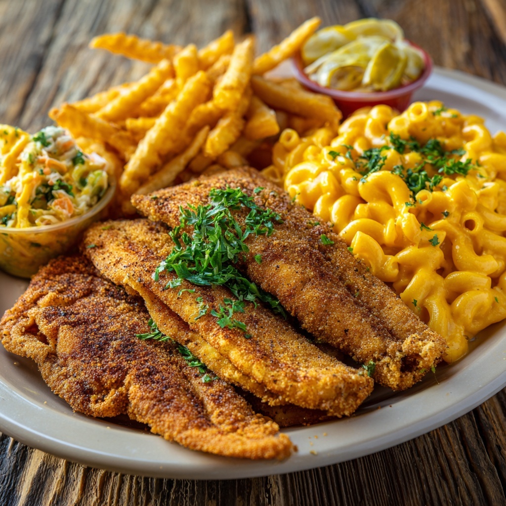 Catfish Plate- 2PC fried fish w/ 2 sides / Roll