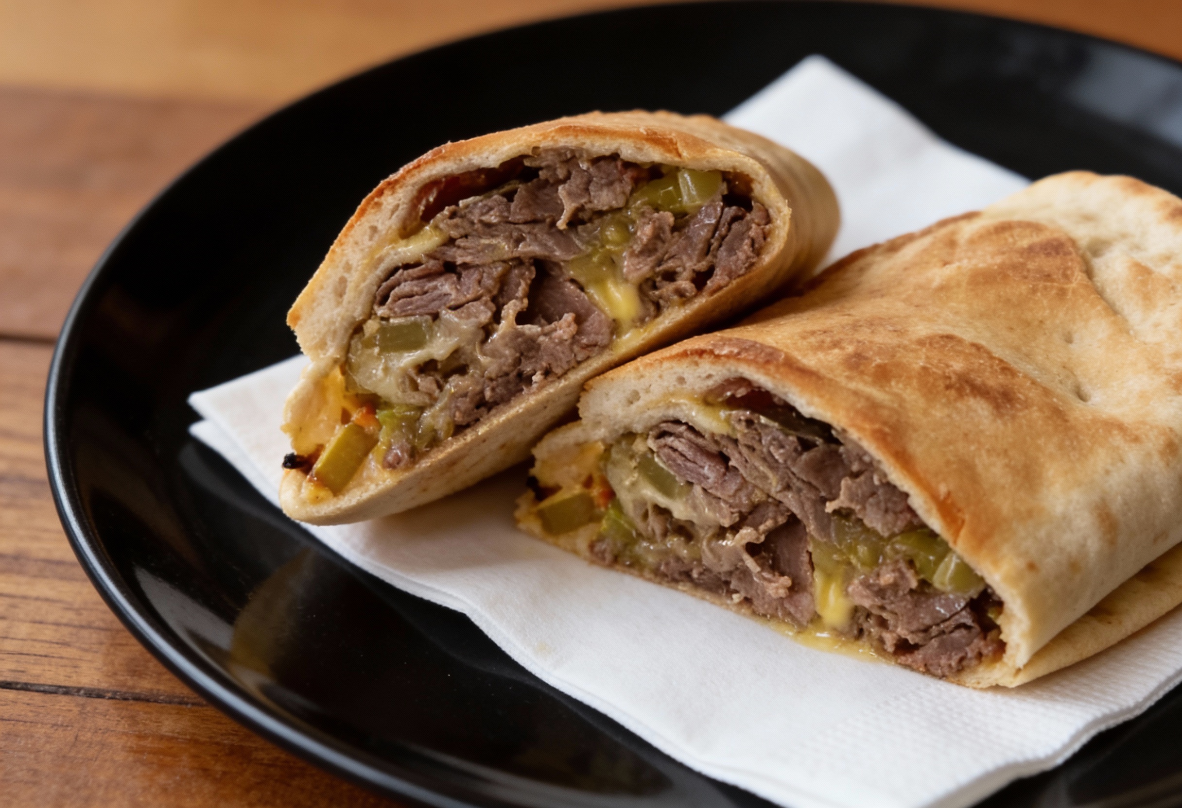 Steak and cheese rolled on Pita